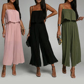 Spaghetti Strap Ruffle Hem Pleated Wide Leg Jumpsuit