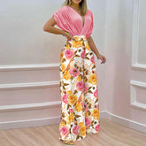 Solid Shirt & Floral Print Loose Pants Set