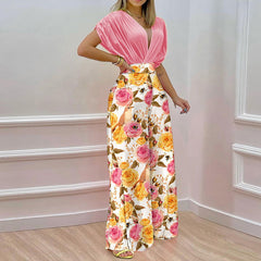 Solid Shirt & Floral Print Loose Pants Set