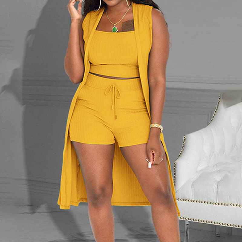 Ribbed 3-Piece Lounge Set - Crop Top, Shorts & Vest Cardigan
