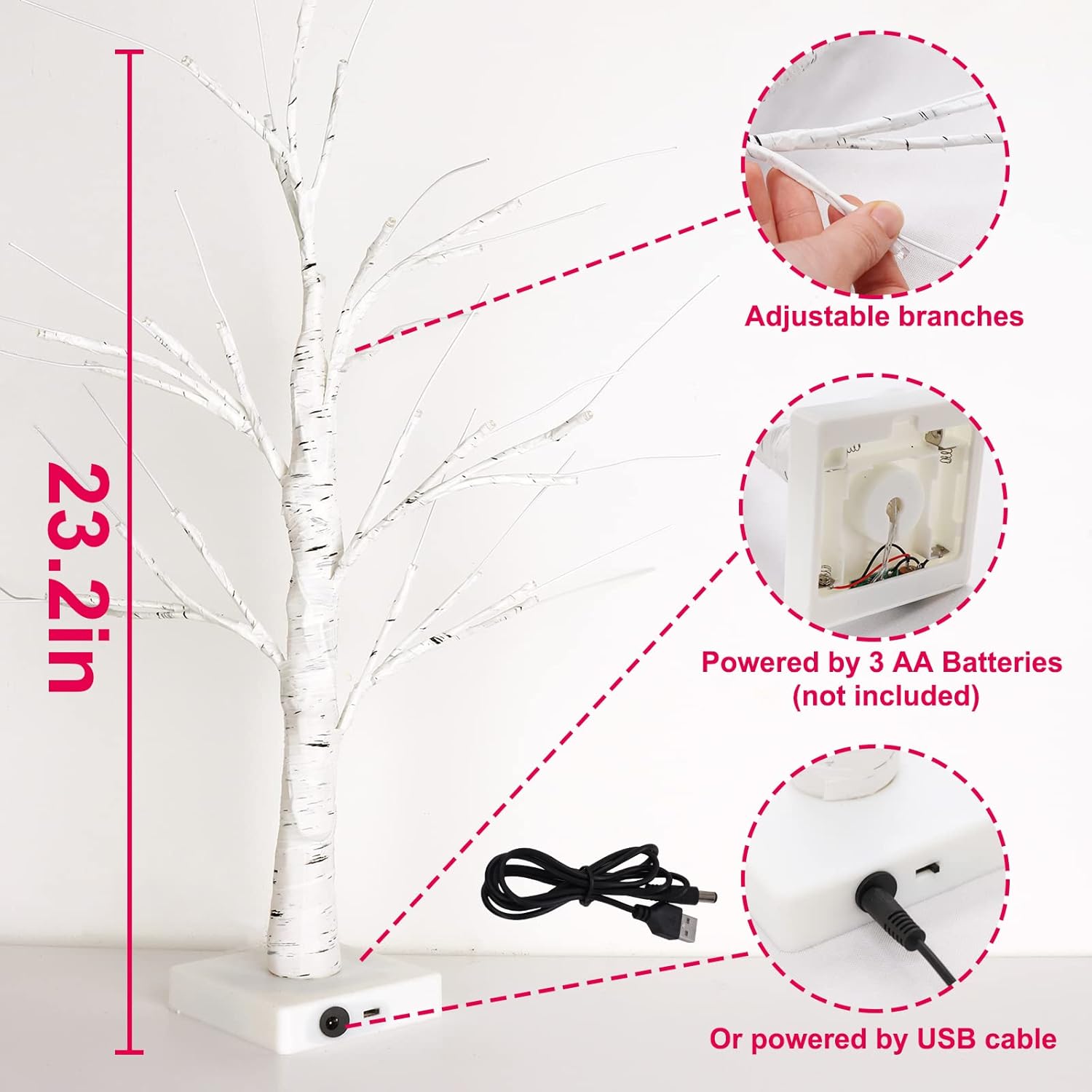 LED Tabletop Birch Tree with 18 Heart Ornaments