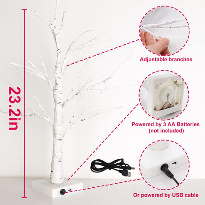 LED Tabletop Birch Tree with 18 Heart Ornaments