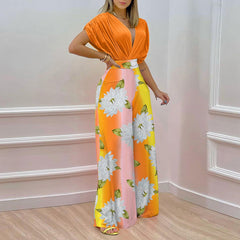 Solid Shirt & Floral Print Loose Pants Set