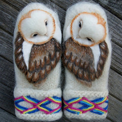 Hand Knitted Wool Nordic Mittens With Owls