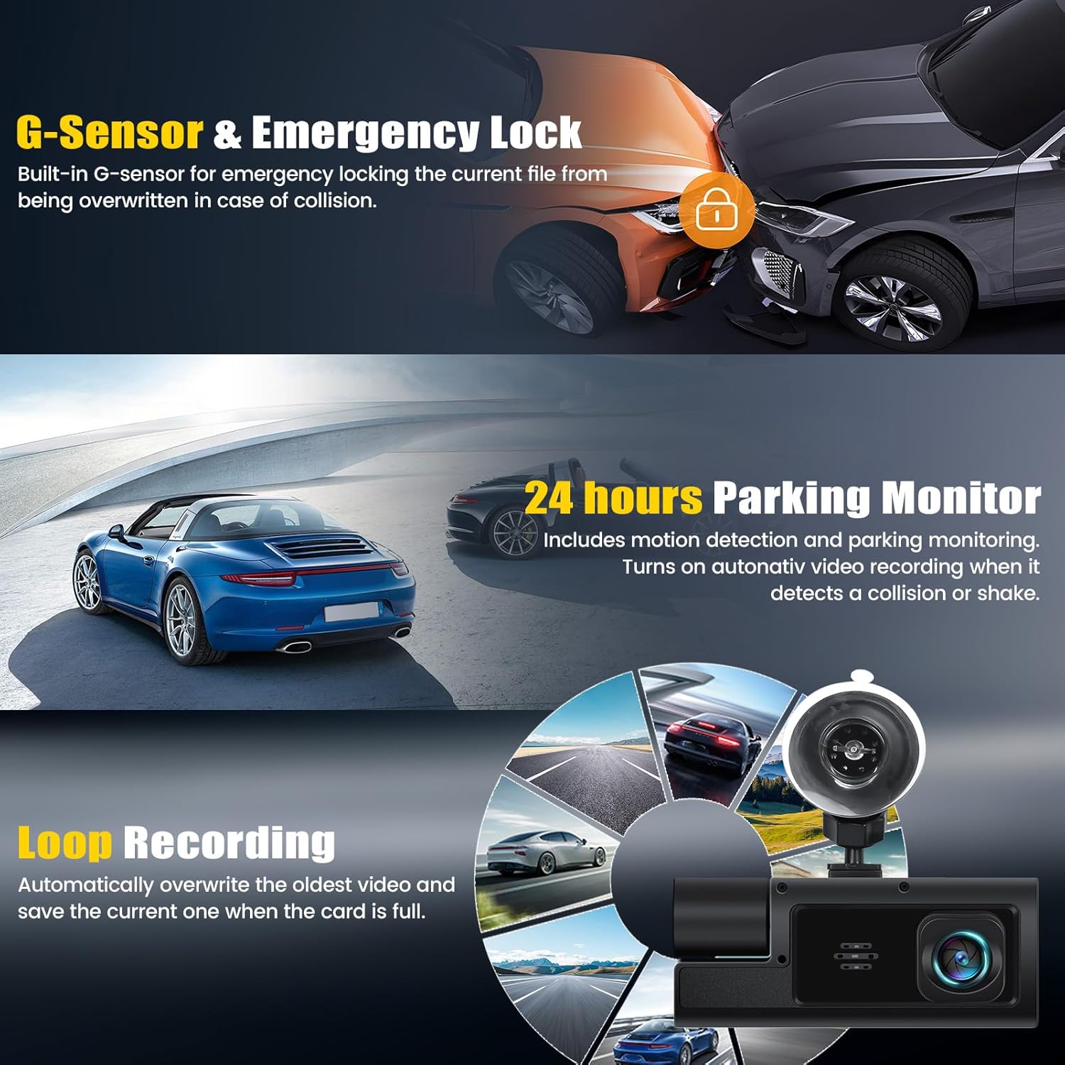 🚘3 Channel Dash Cam Front and Rear Inside