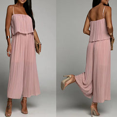 Spaghetti Strap Ruffle Hem Pleated Wide Leg Jumpsuit