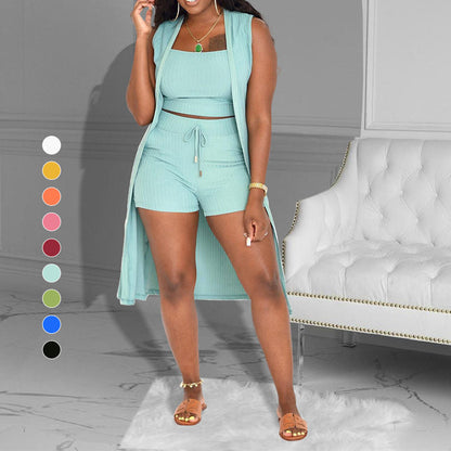 Ribbed 3-Piece Lounge Set - Crop Top, Shorts & Vest Cardigan