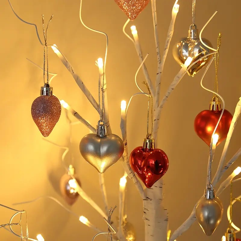 LED Tabletop Birch Tree with 18 Heart Ornaments