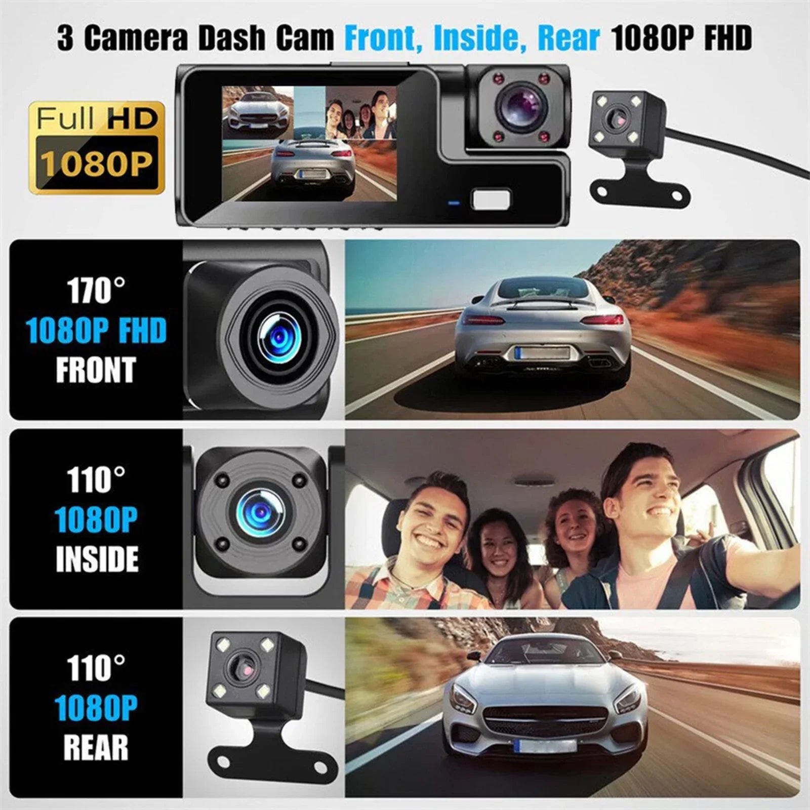 🚘3 Channel Dash Cam Front and Rear Inside
