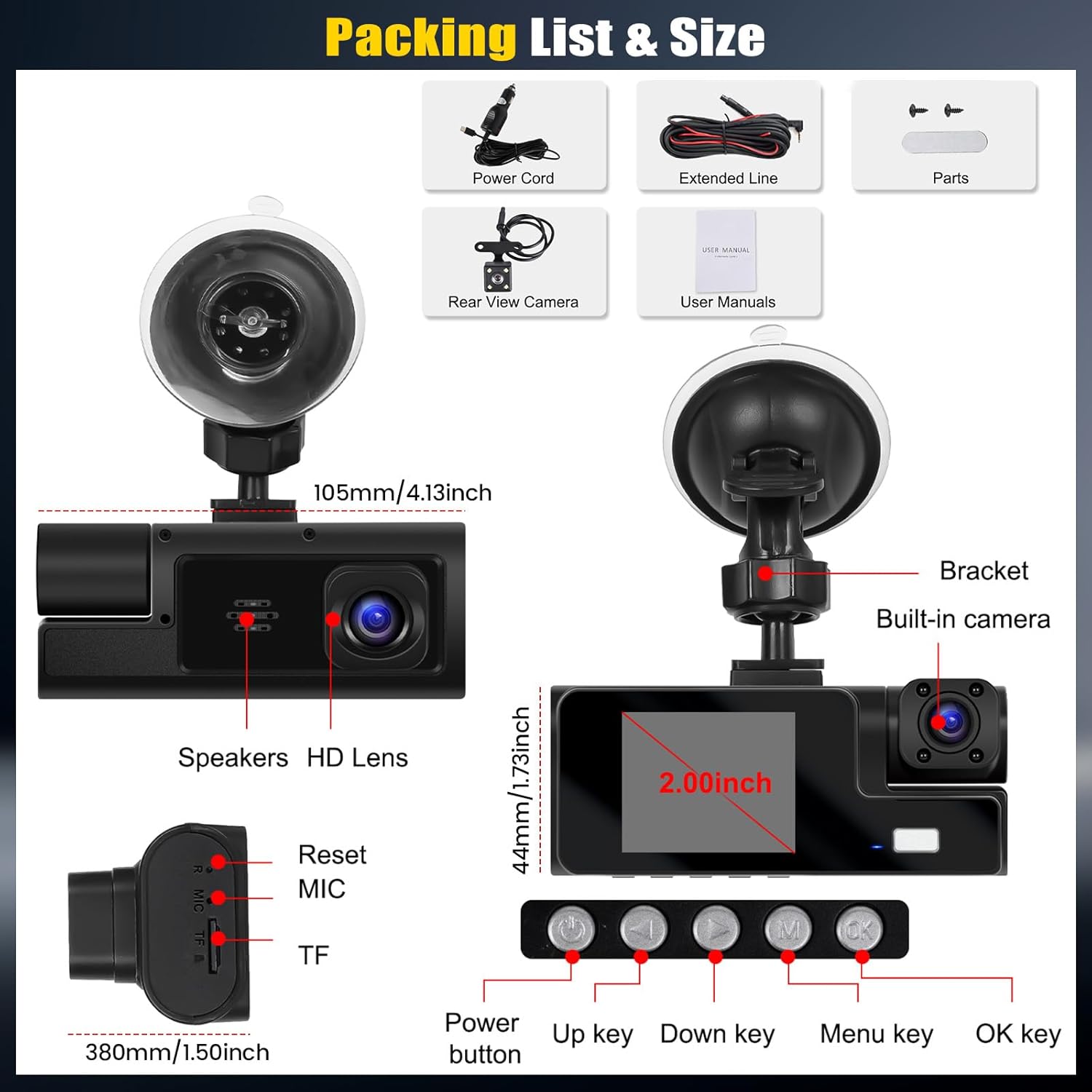 🚘3 Channel Dash Cam Front and Rear Inside