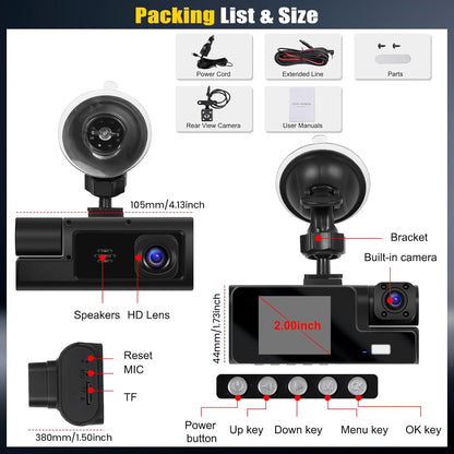 3 Channel Dash Cam Front and Rear Inside