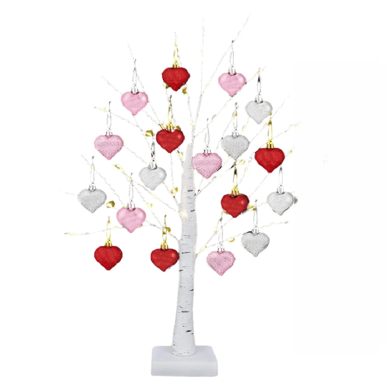 LED Tabletop Birch Tree with 18 Heart Ornaments